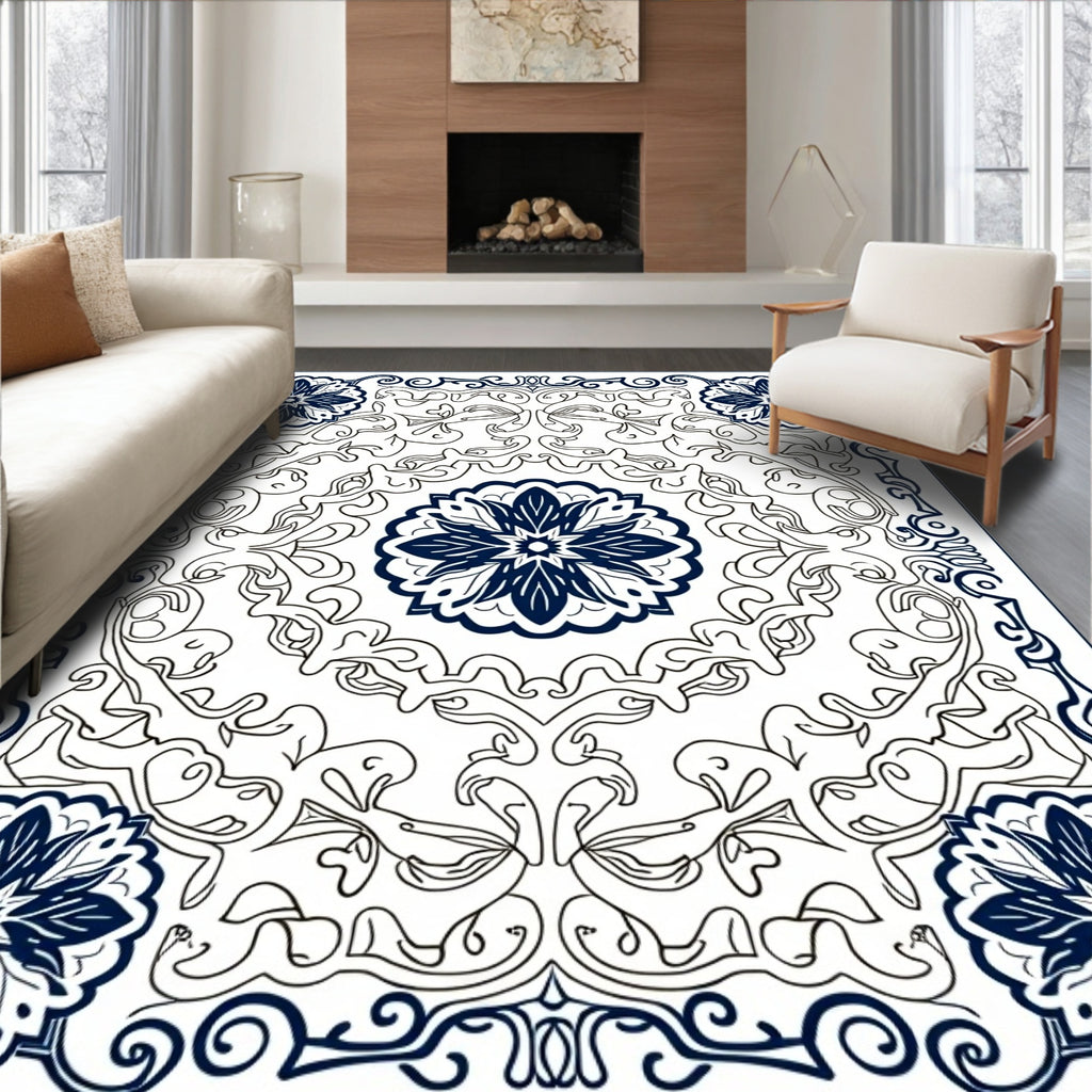 Navy Blue Floral Mandala Scrollwork Rug