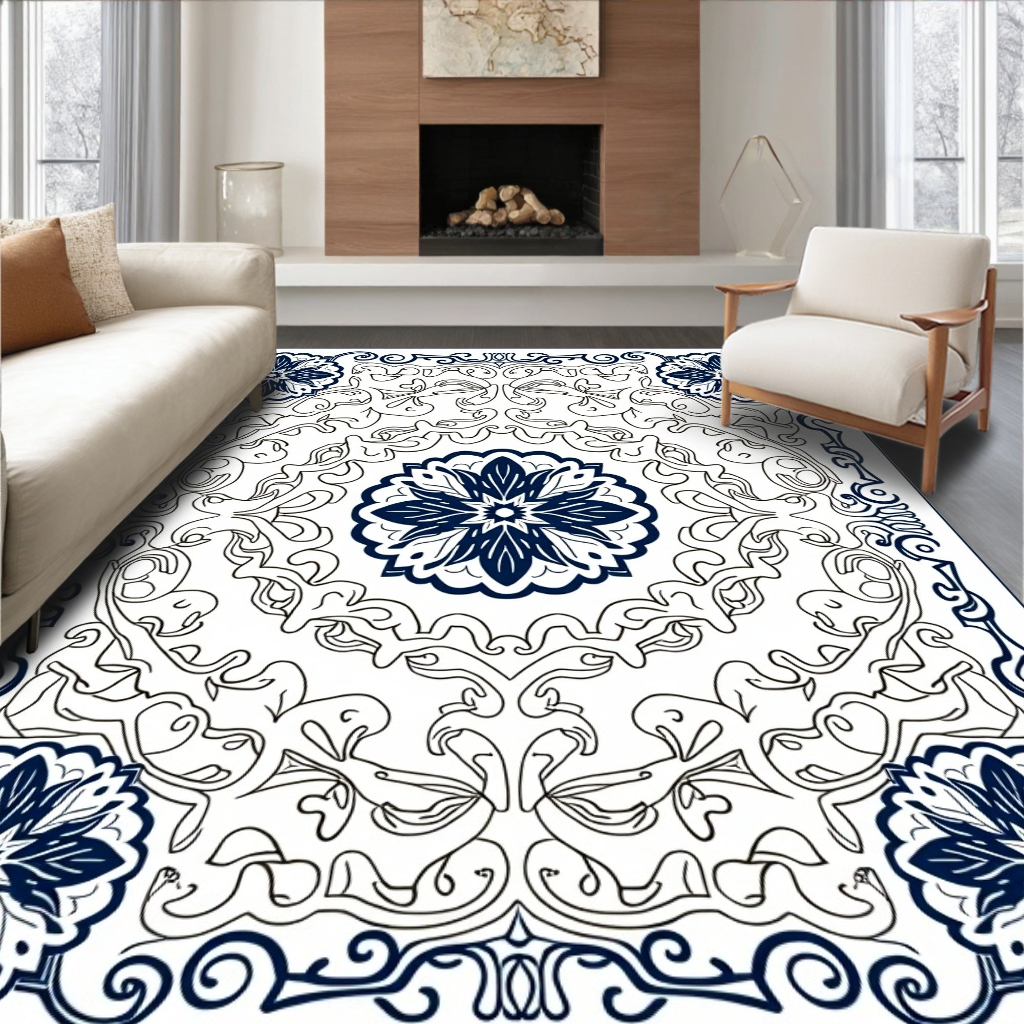 Navy Blue Floral Mandala Scrollwork Rug
