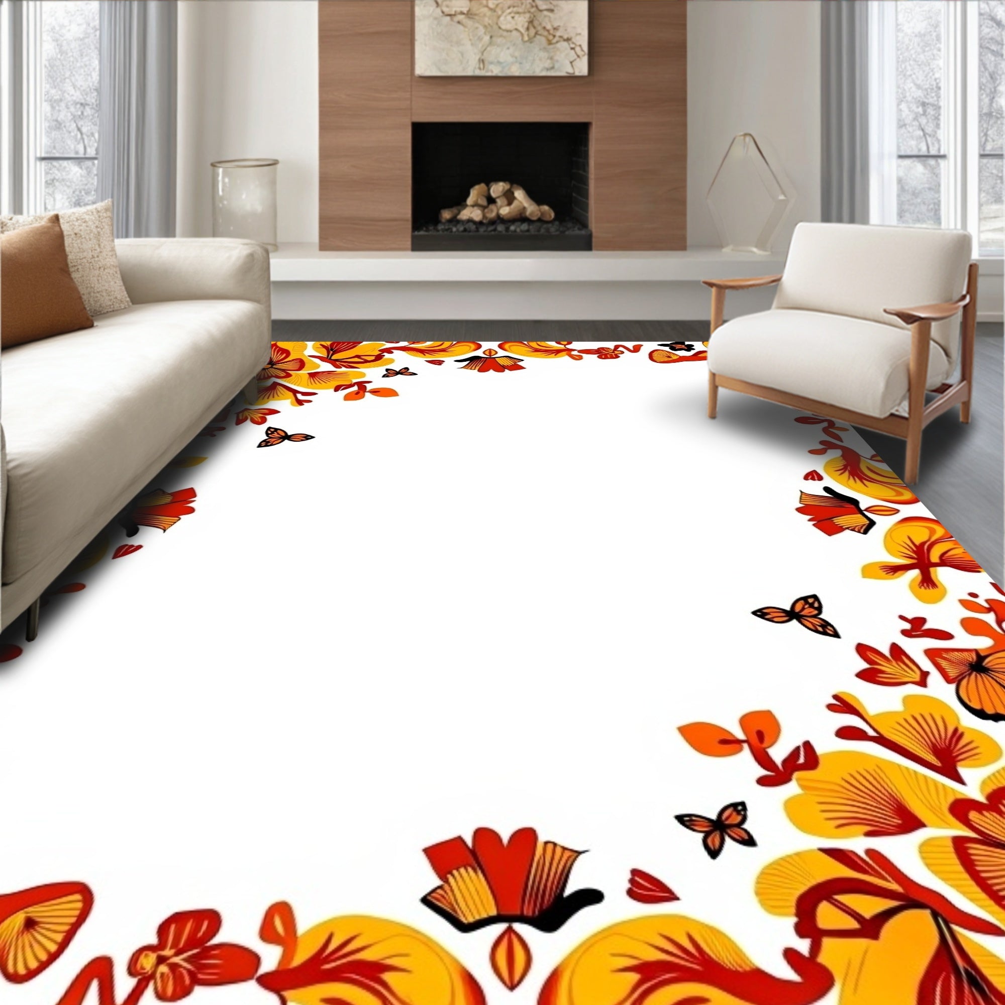 Folk Art Floral Butterfly Red Orange Rug
