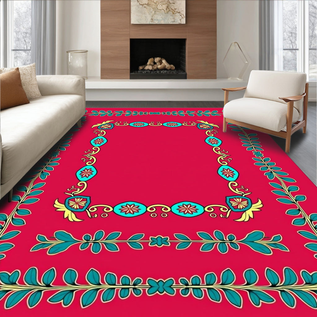 Vibrant Teal Floral Border Red Rug