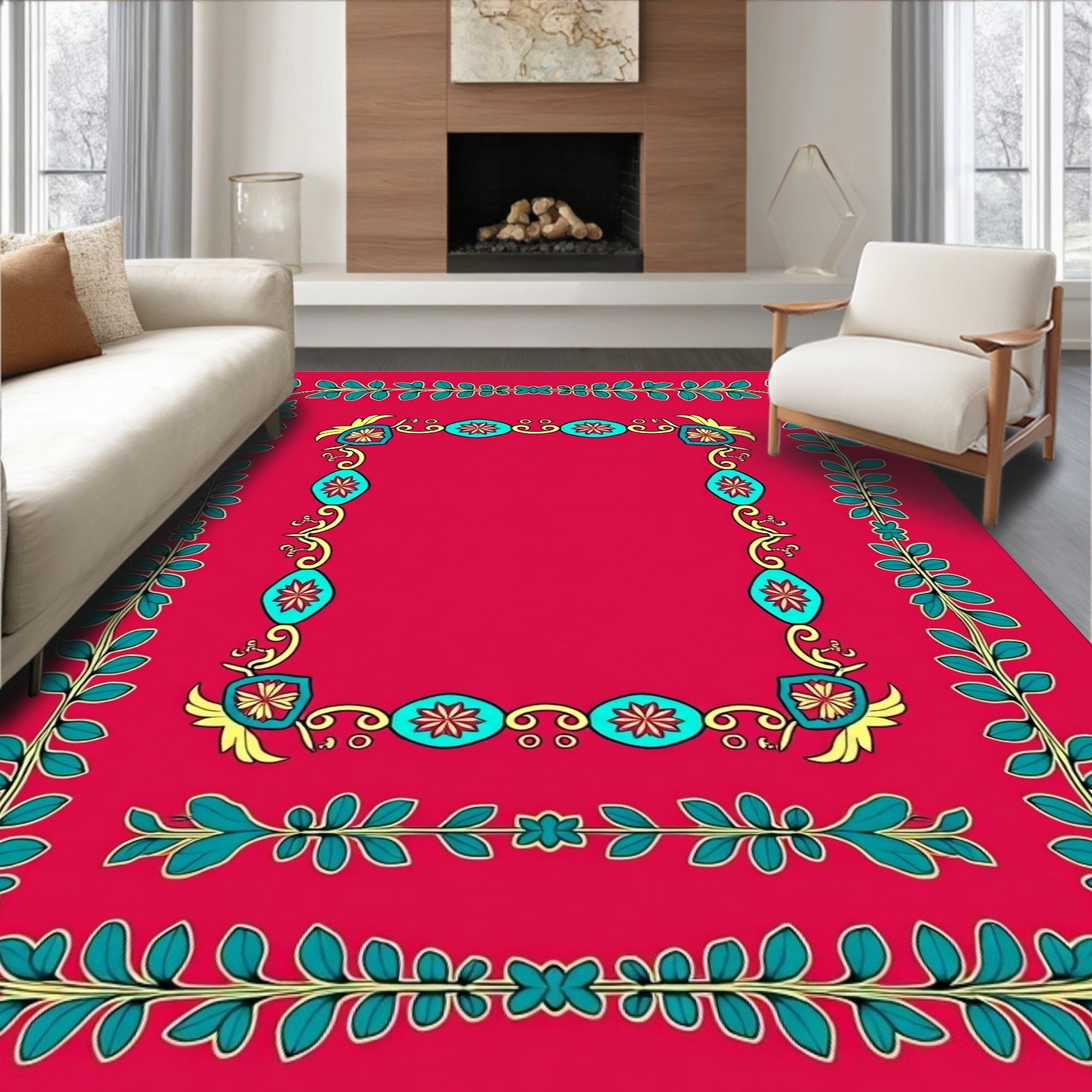 Vibrant Teal Floral Border Red Rug