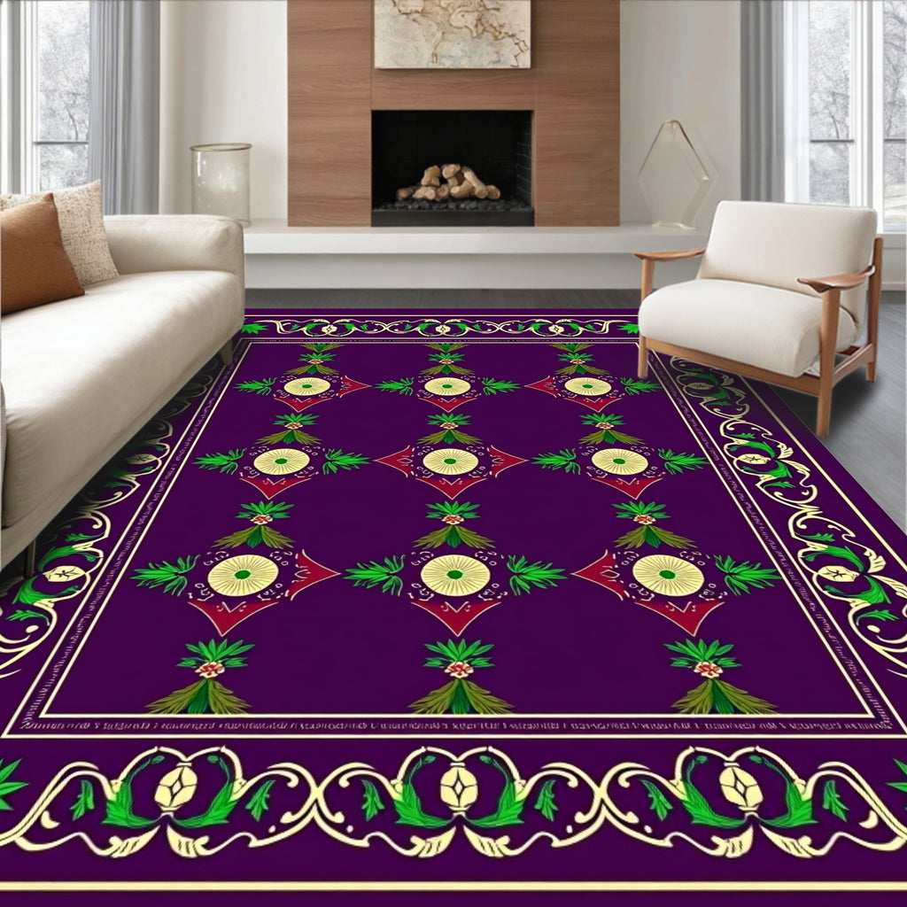 Rich Plum Medallions Green Floral Border Rug
