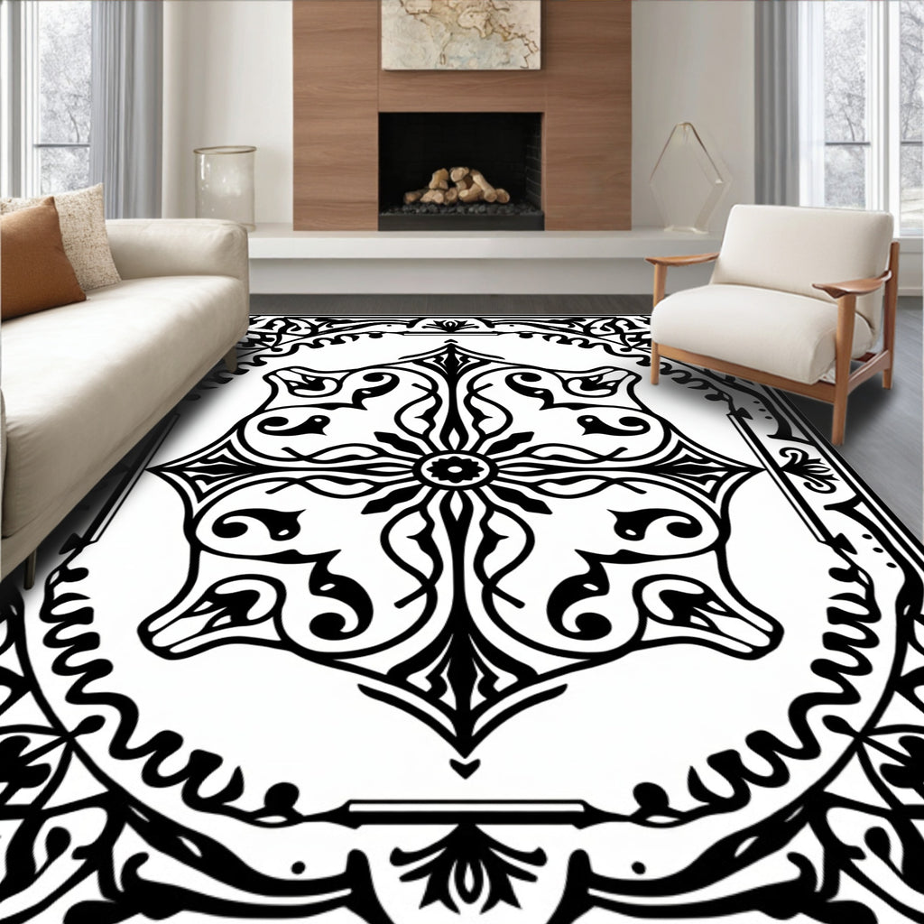 Intricate Black and White Medallion Arabesque Rug