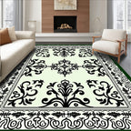 Black Elegant Floral Scroll Border Rug