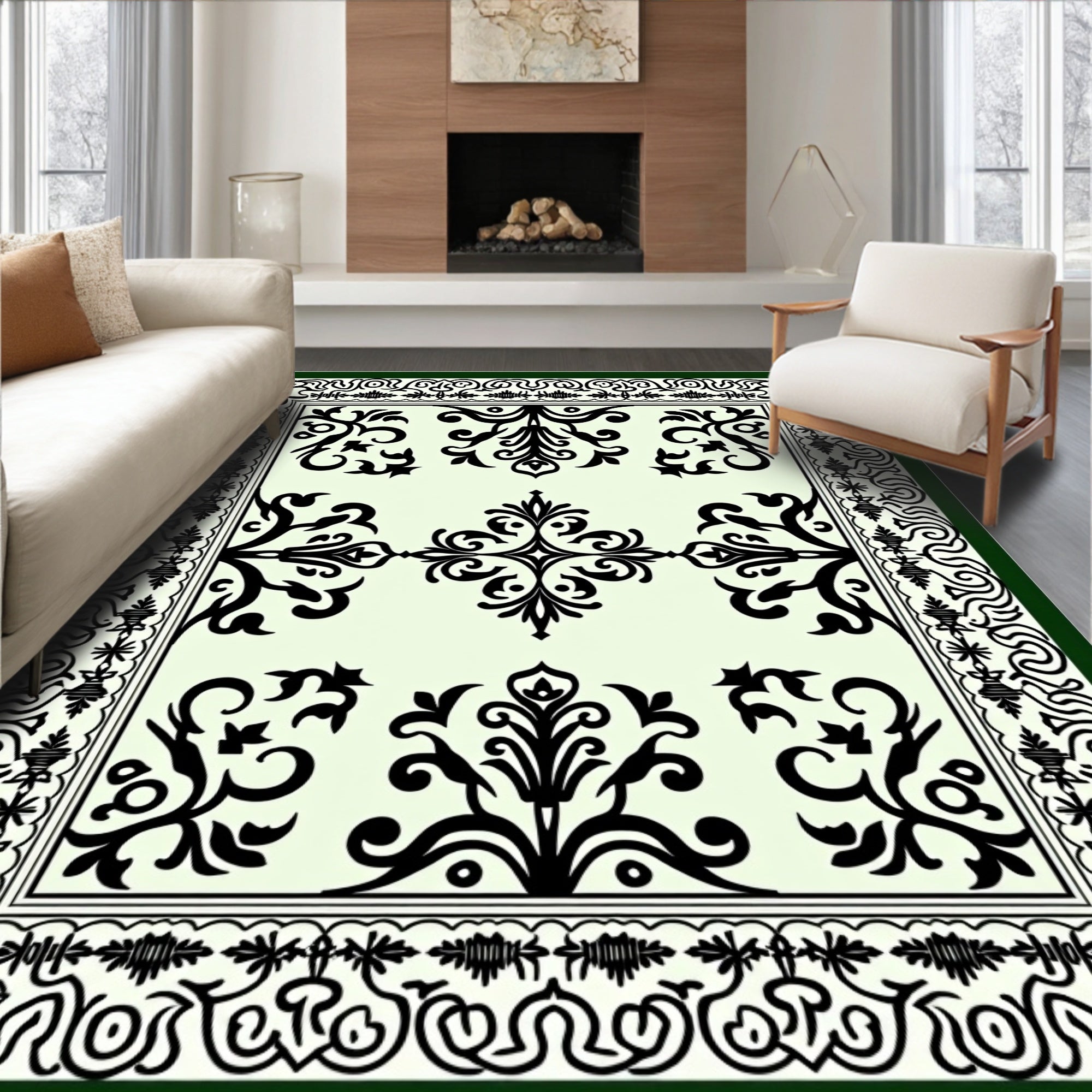 Black Elegant Floral Scroll Border Rug