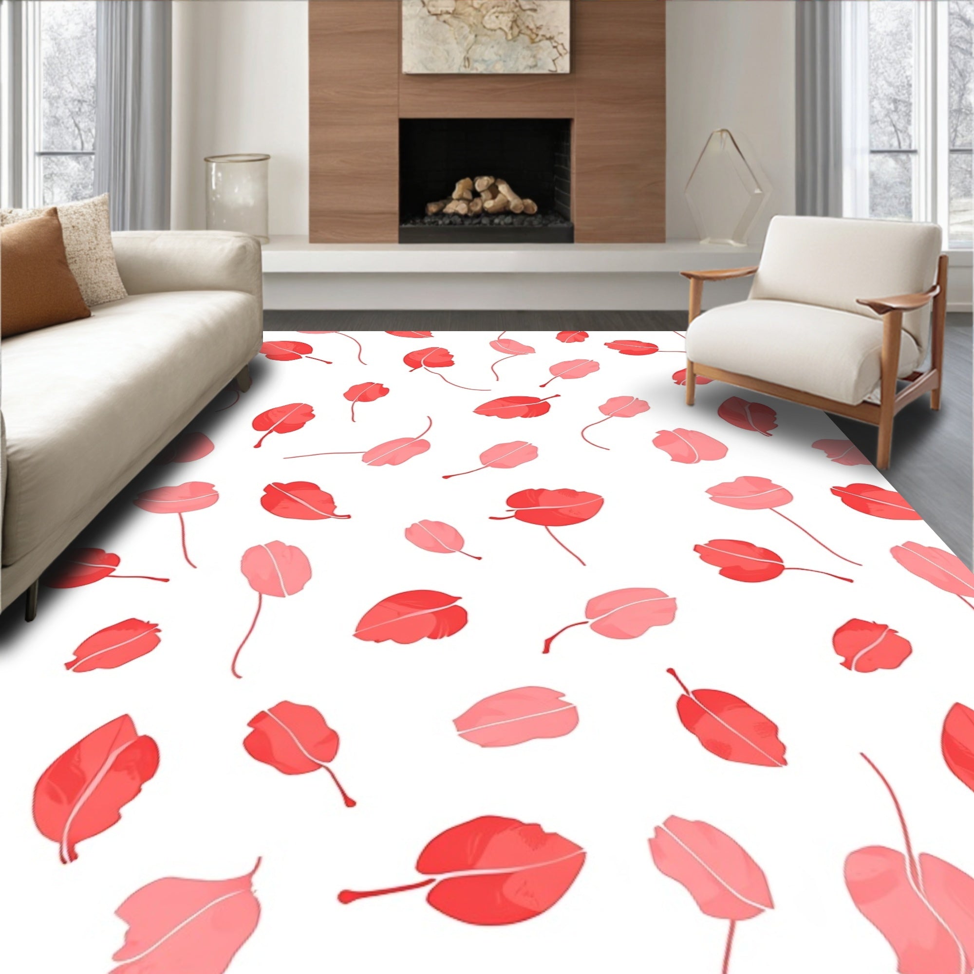 Coral Petal Scatter Across White Rug