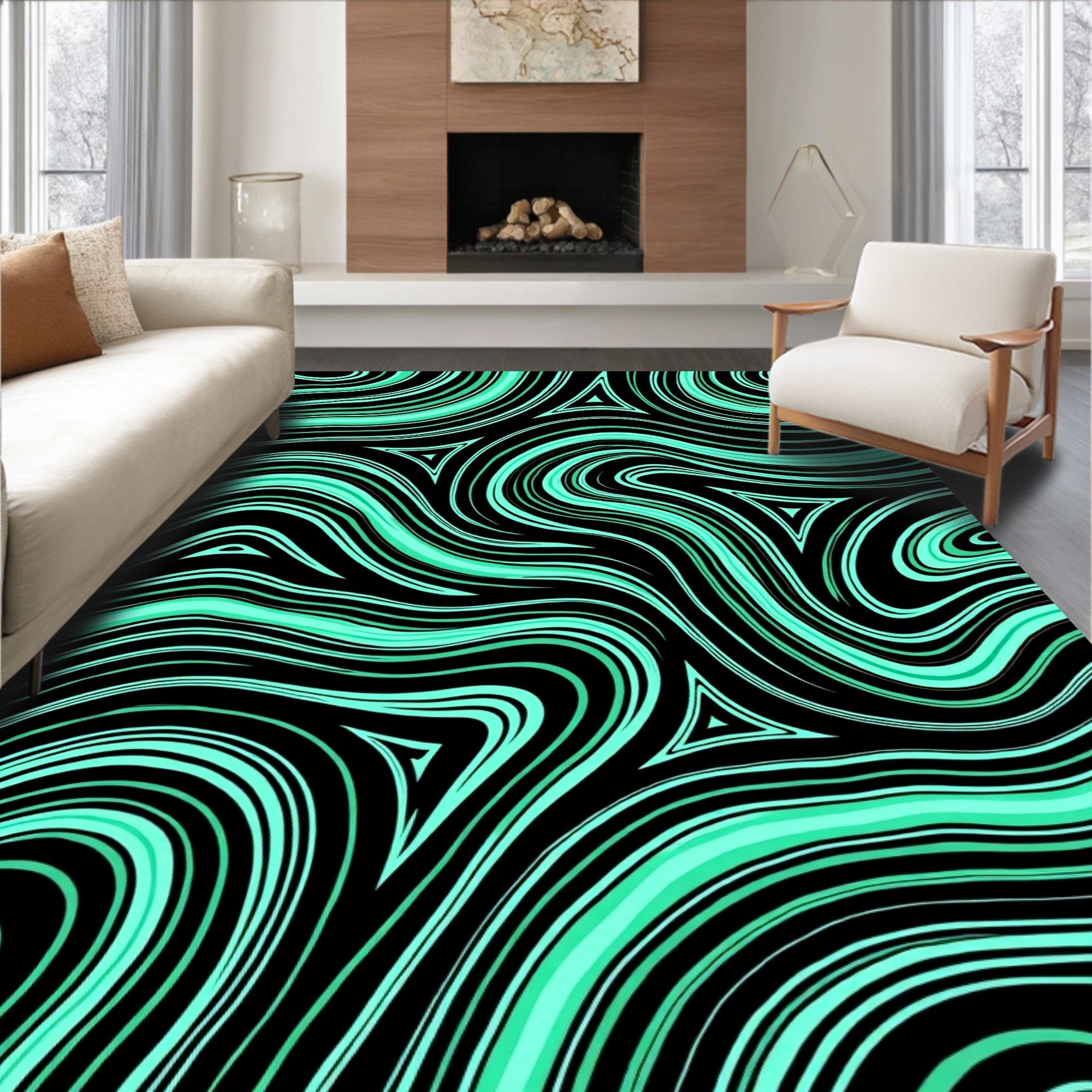 Black Aqua Swirling Triangles Rug