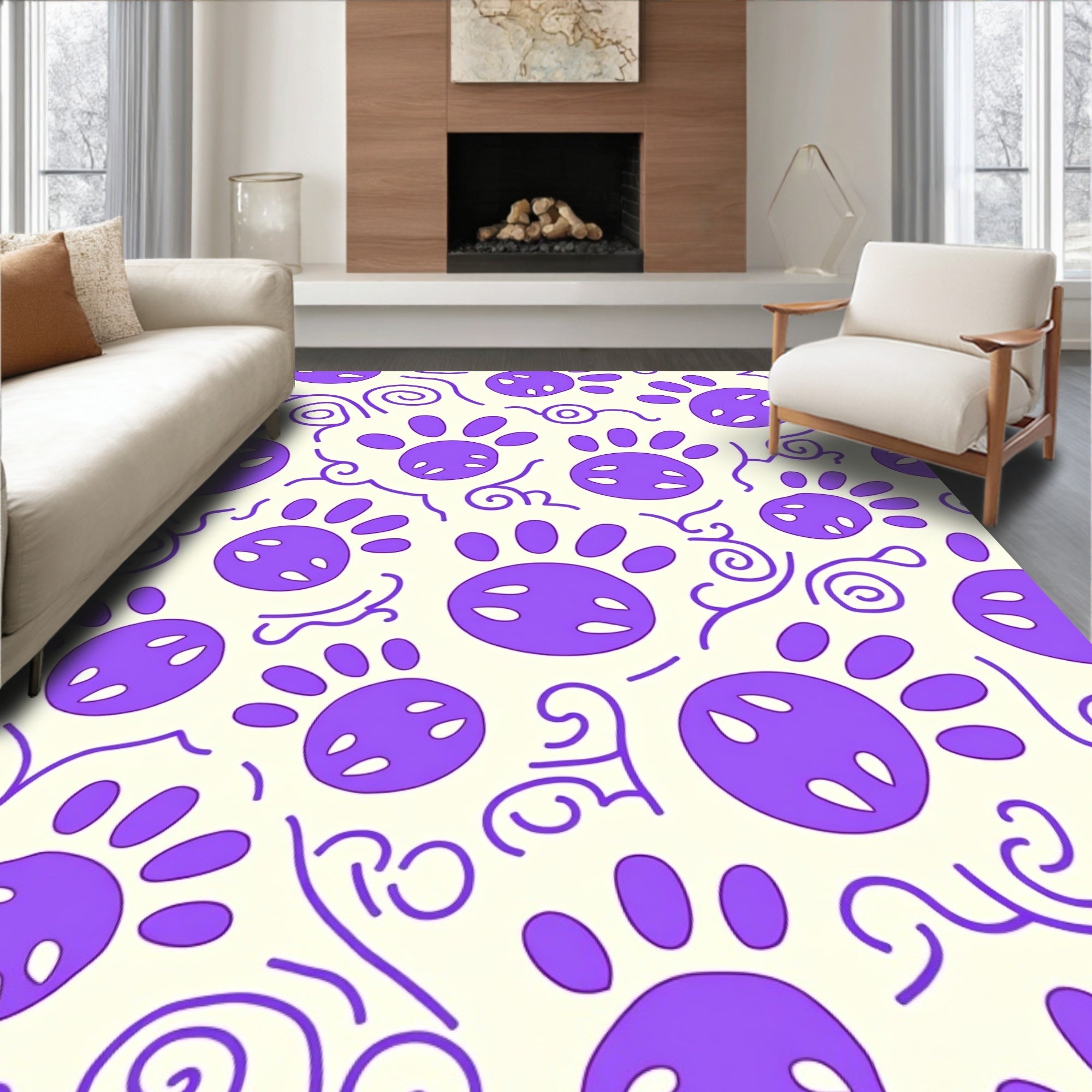 Purple Paw Swirl Cream Rug