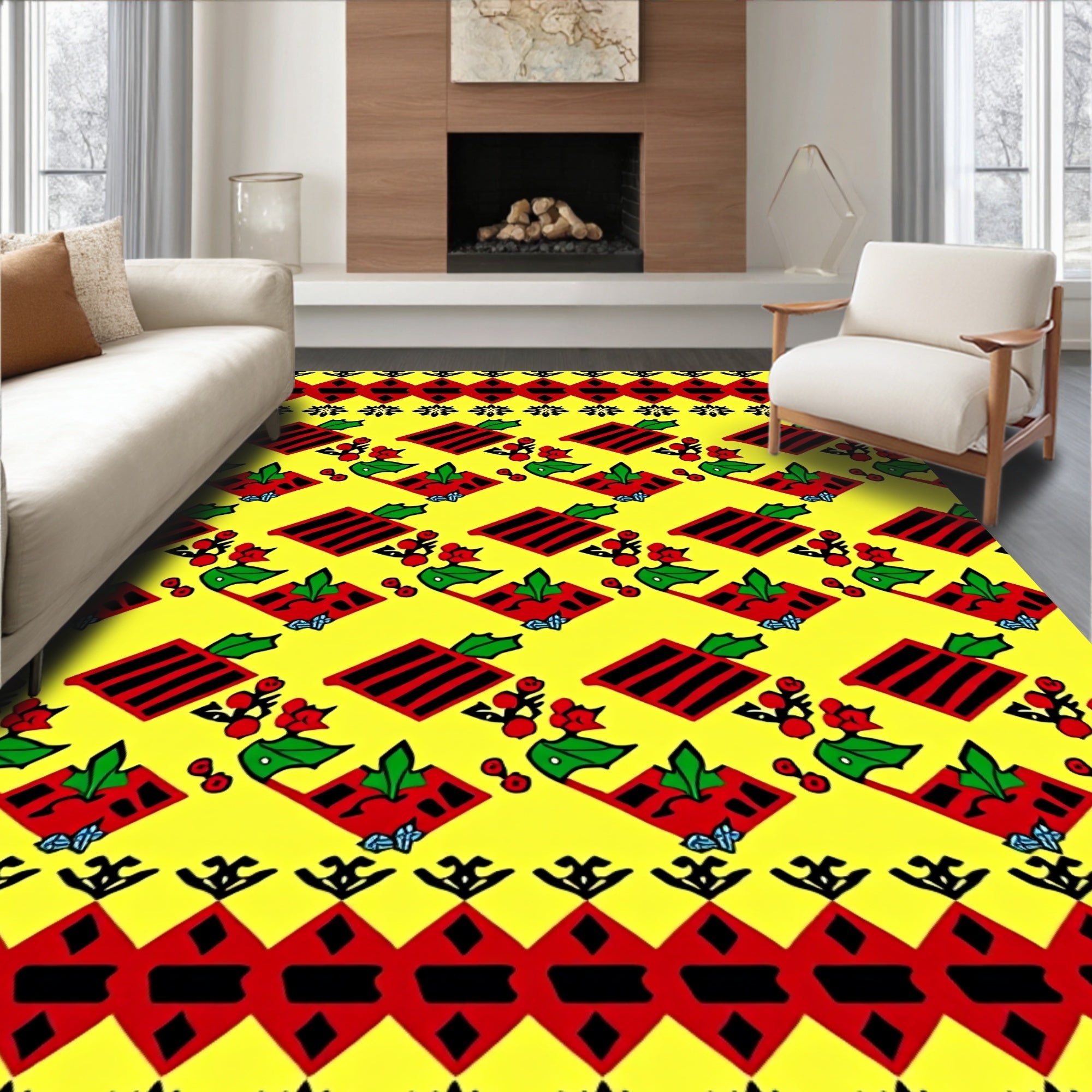 Vibrant Red Folkloric Floral Diamond Rug