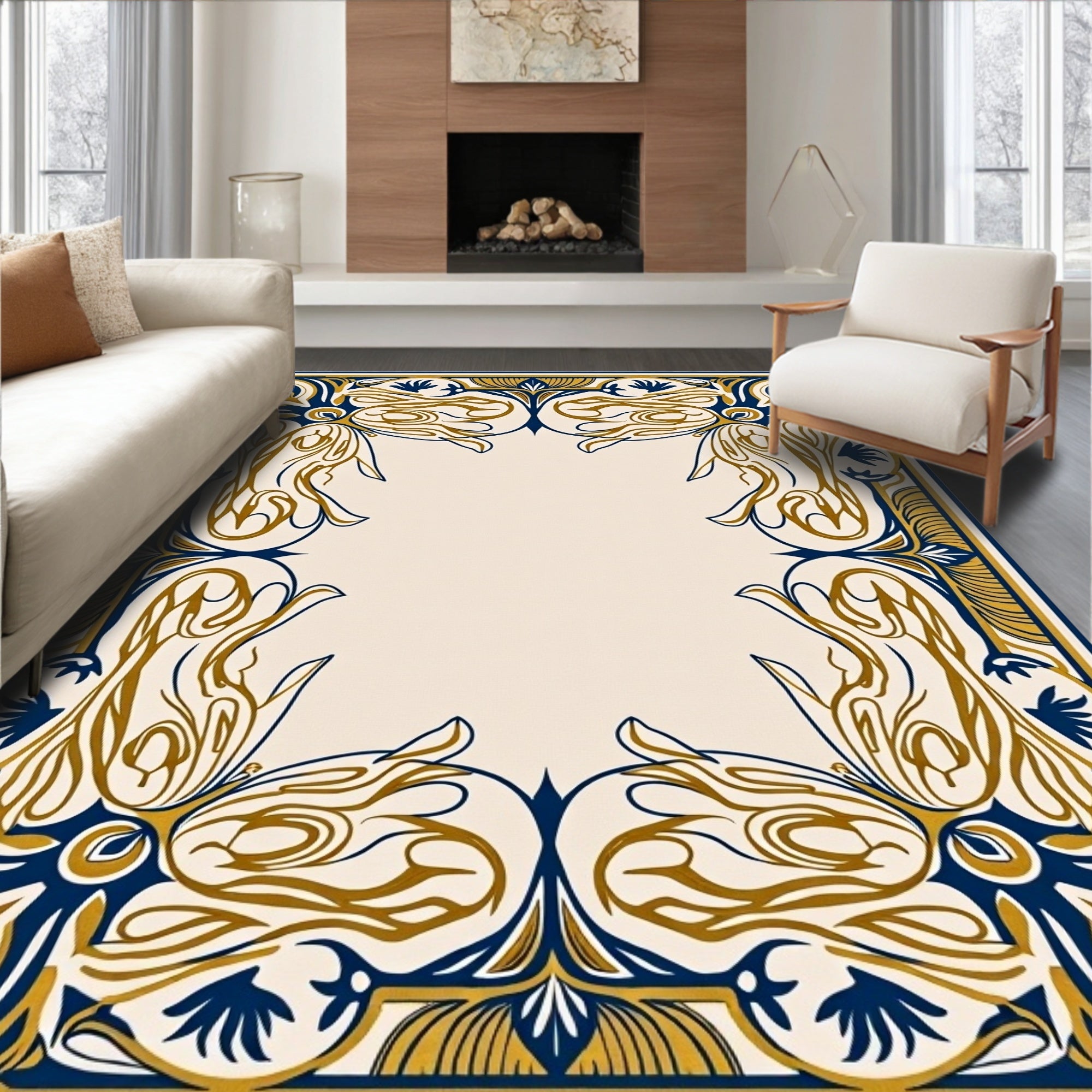 Navy Gold Art Nouveau Border Rug