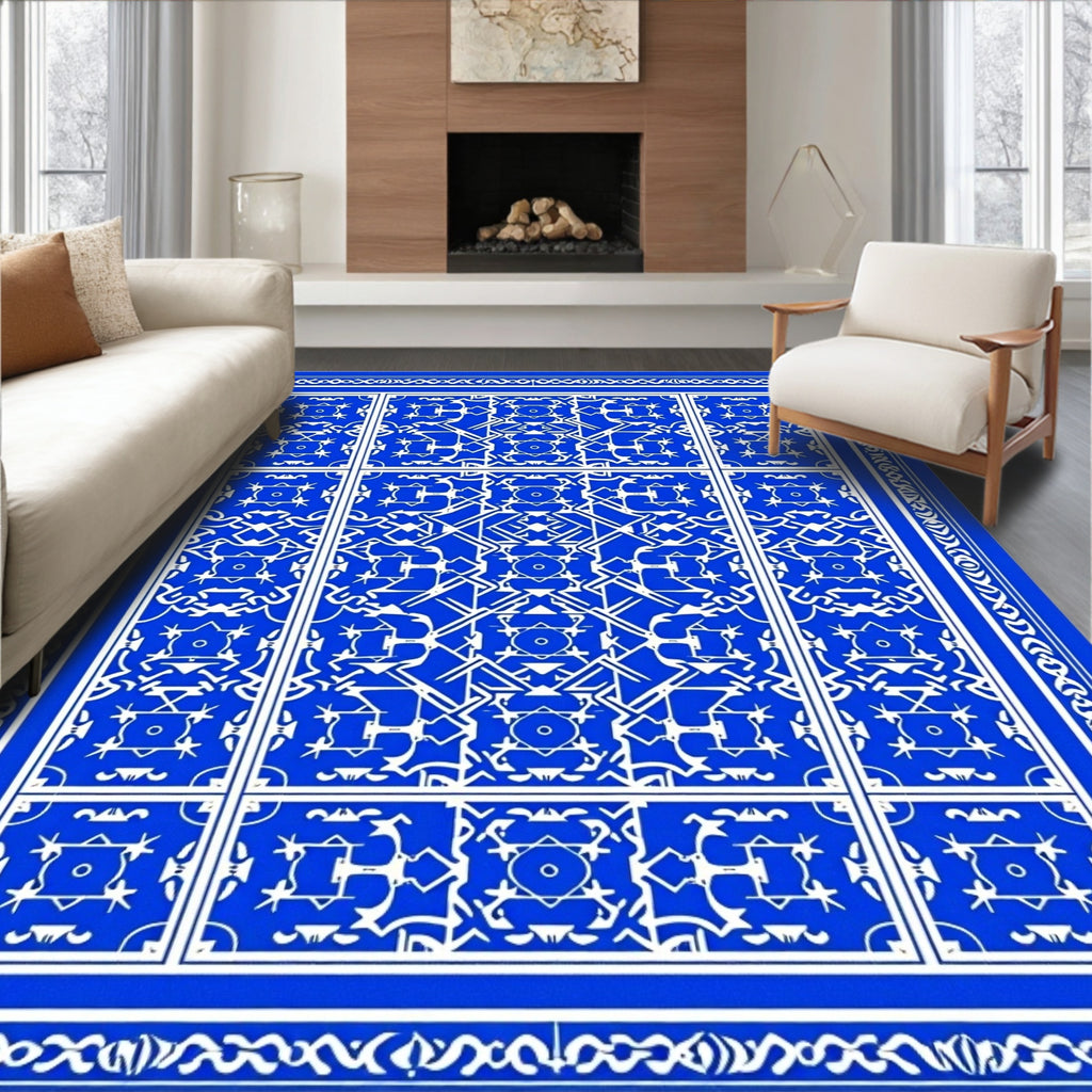 Vibrant Blue White Geometric Symmetry Rug