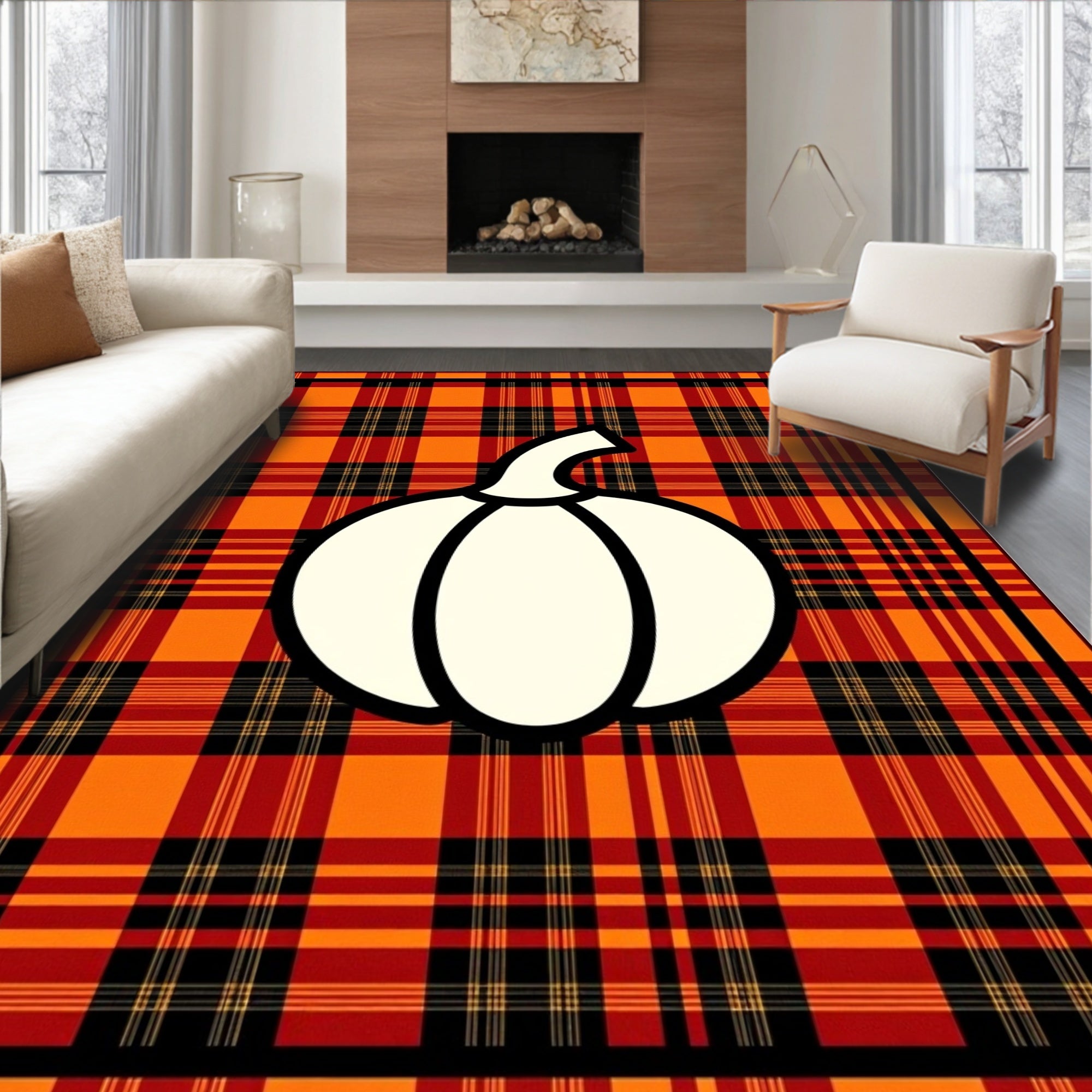 Orange Red Plaid Pumpkin Rug