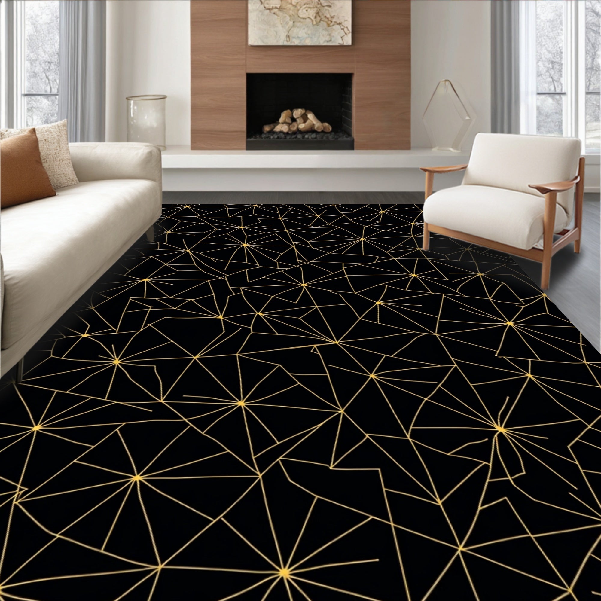 Black Gold Geometric Starburst Medallion Rug
