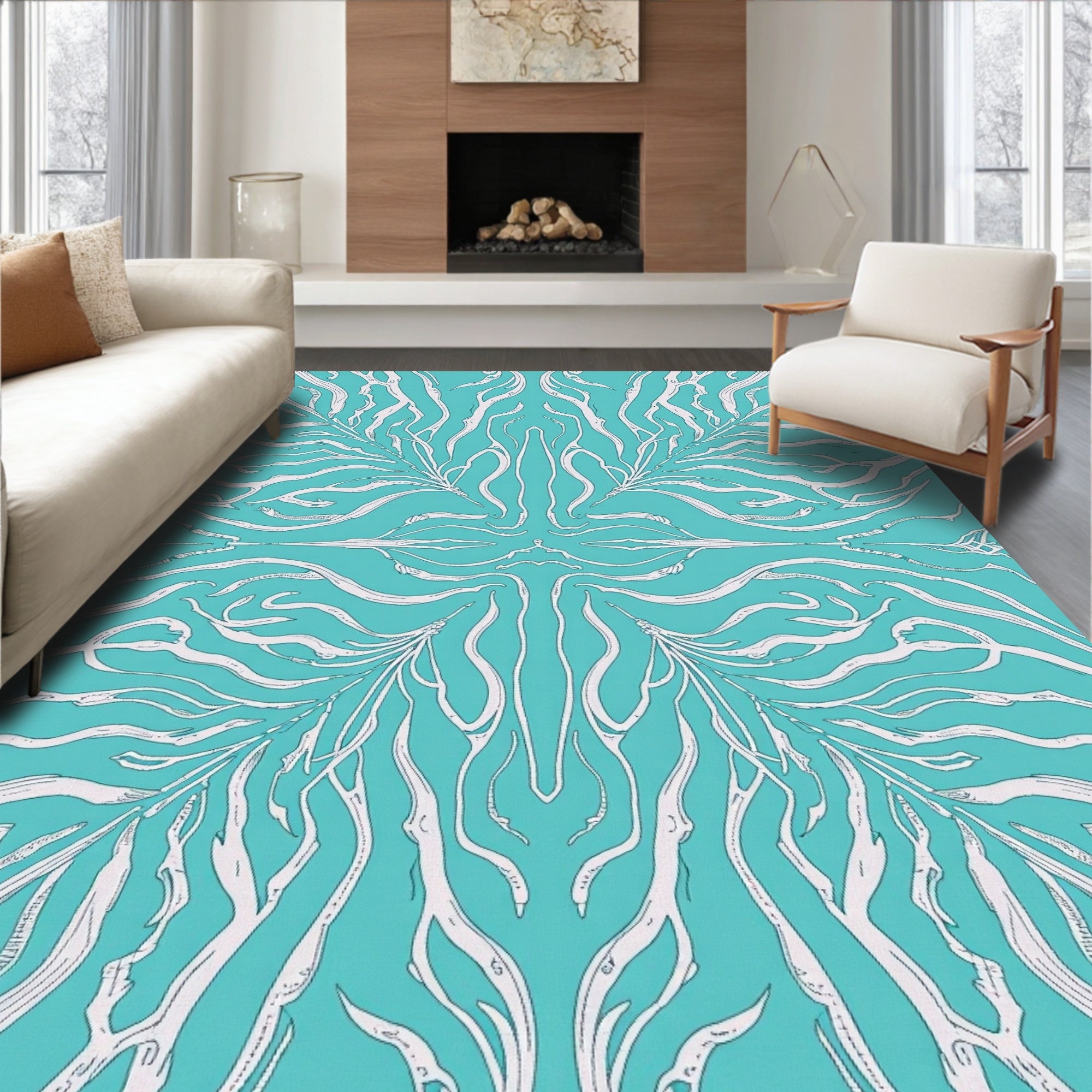 Teal White Organic Swirl Abstract Rug