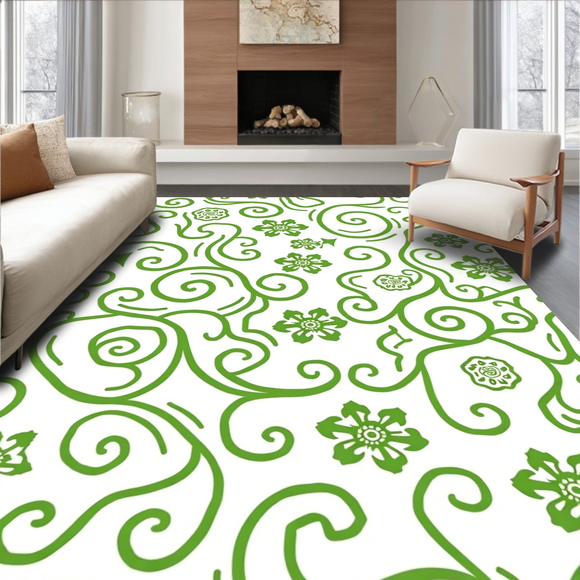 Whimsical Green Floral Swirl Rug