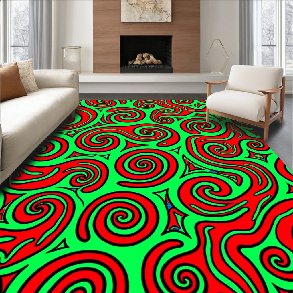Vibrant Red Swirls Green Background Rug