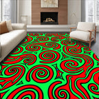 Vibrant Red Swirls Green Background Rug
