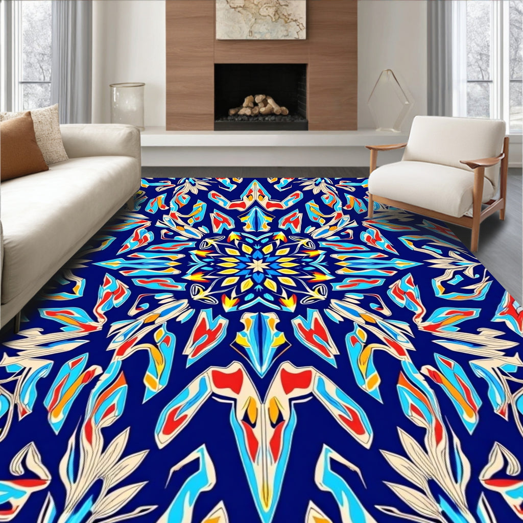 Vibrant Red Blue Yellow Kaleidoscope Rug