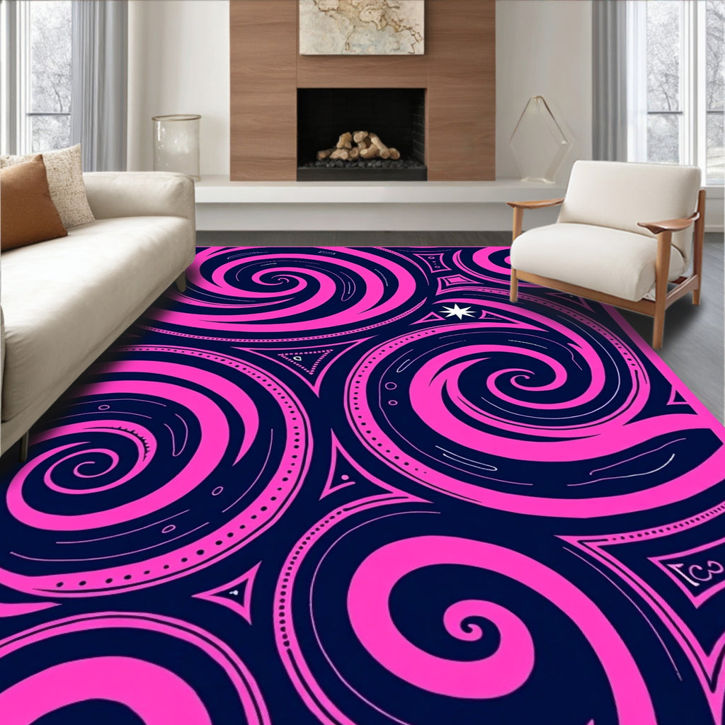 Vibrant Pink Swirls Dark Navy Rug