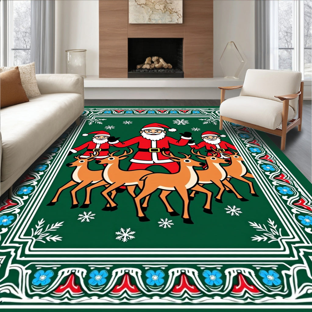 Festive Green Santa Reindeer Snowflakes Border Rug