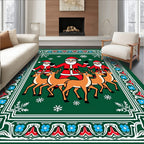 Festive Green Santa Reindeer Snowflakes Border Rug