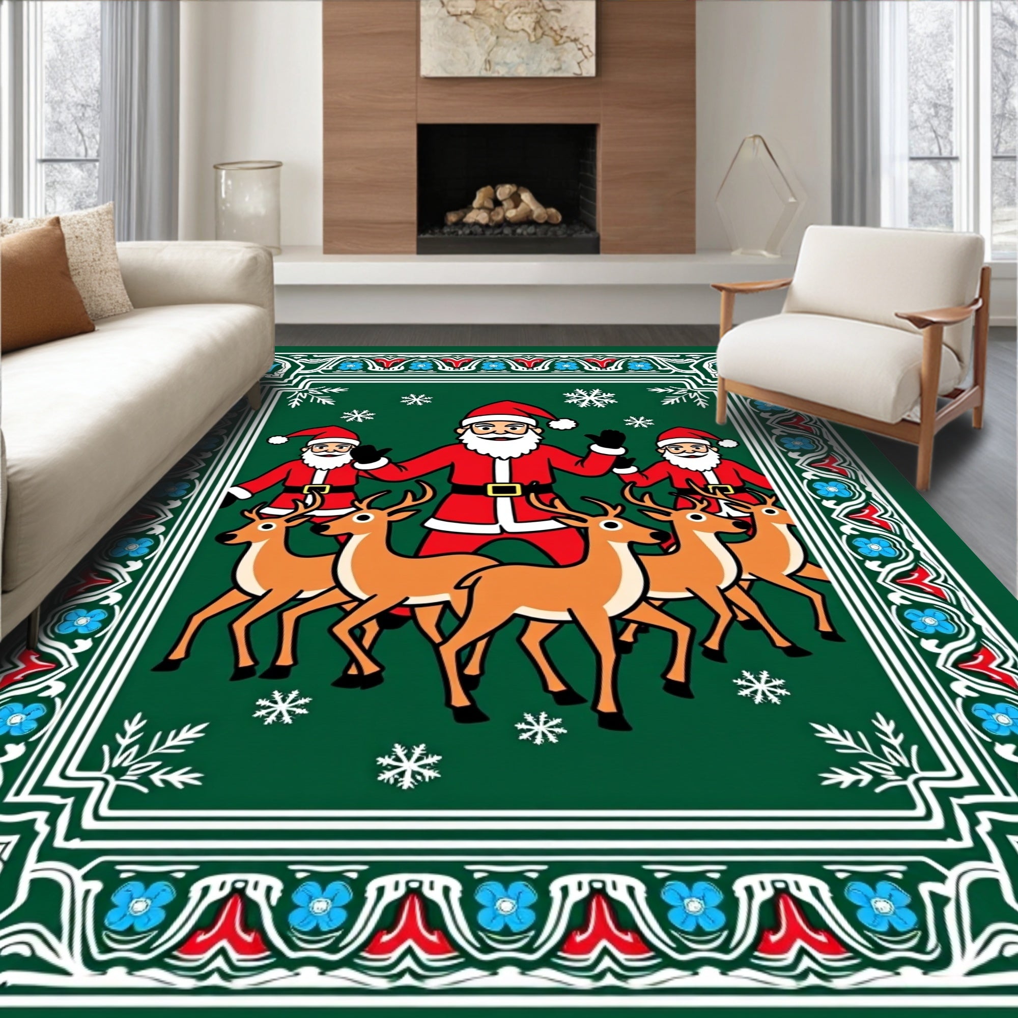 Festive Green Santa Reindeer Snowflakes Border Rug