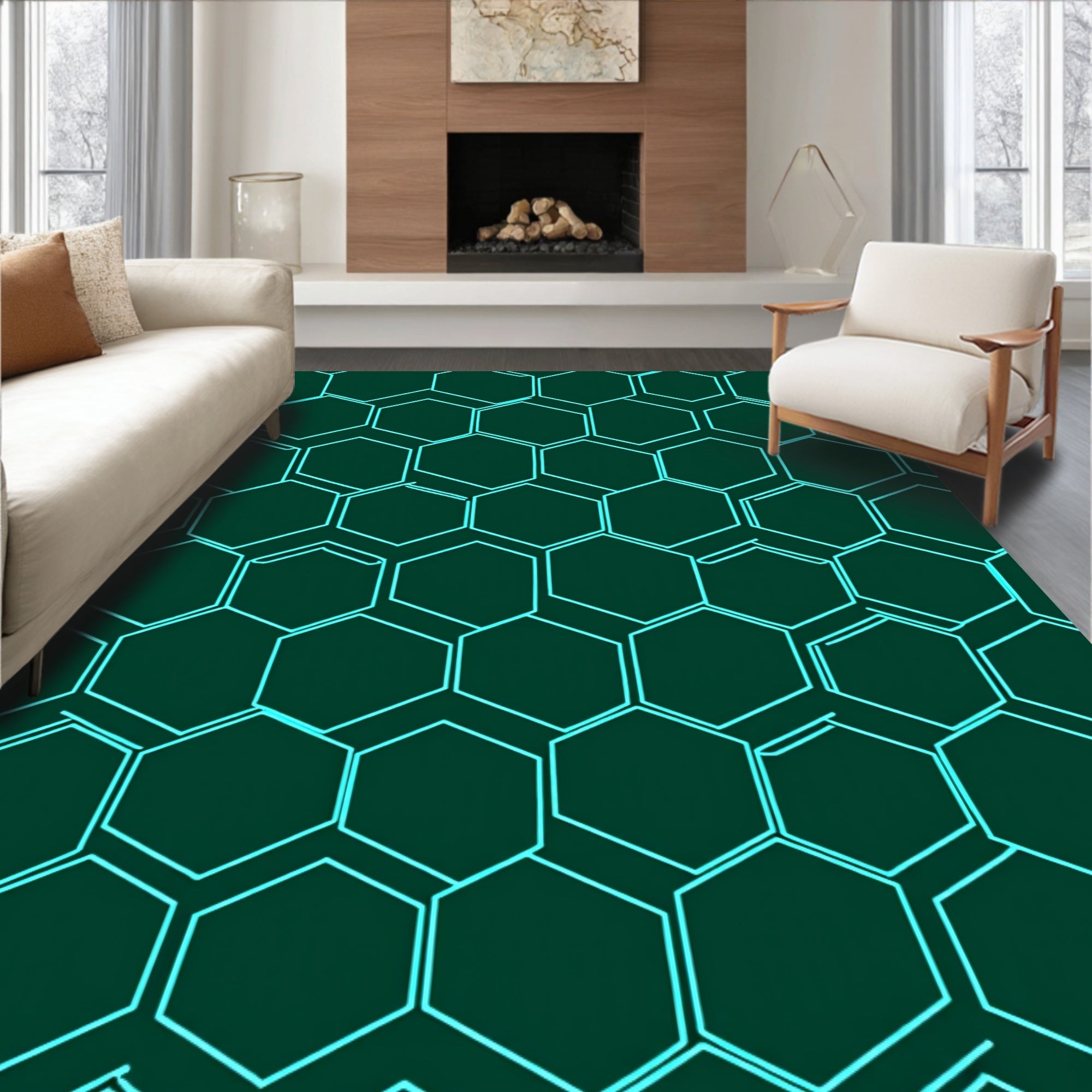 Teal Hexagonal Grid Dark Green Rug