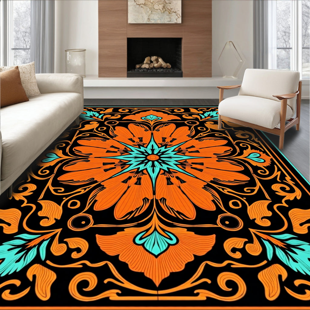 Bold Orange Teal Floral Mandala Rug