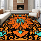 Bold Orange Teal Floral Mandala Rug