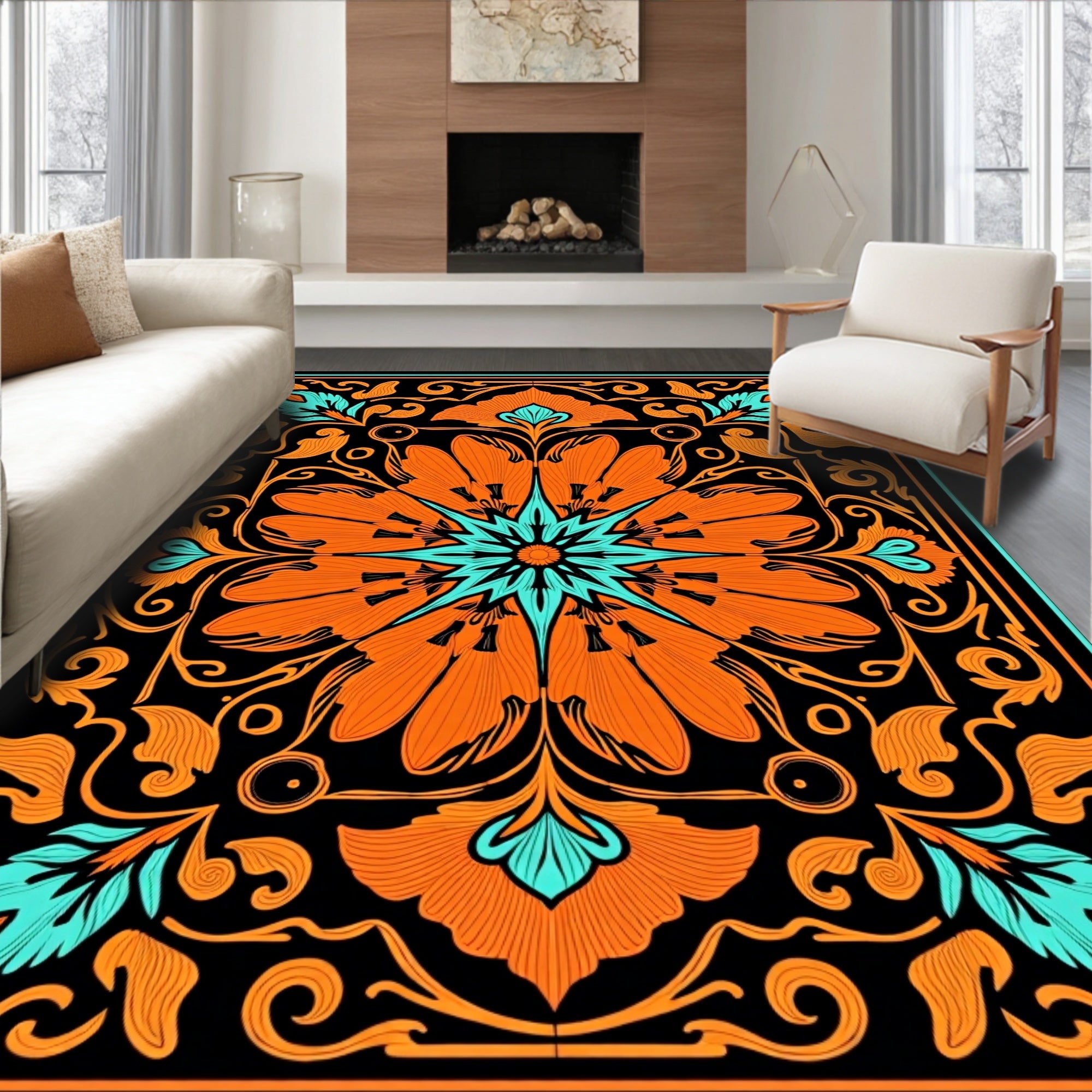 Bold Orange Teal Floral Mandala Rug