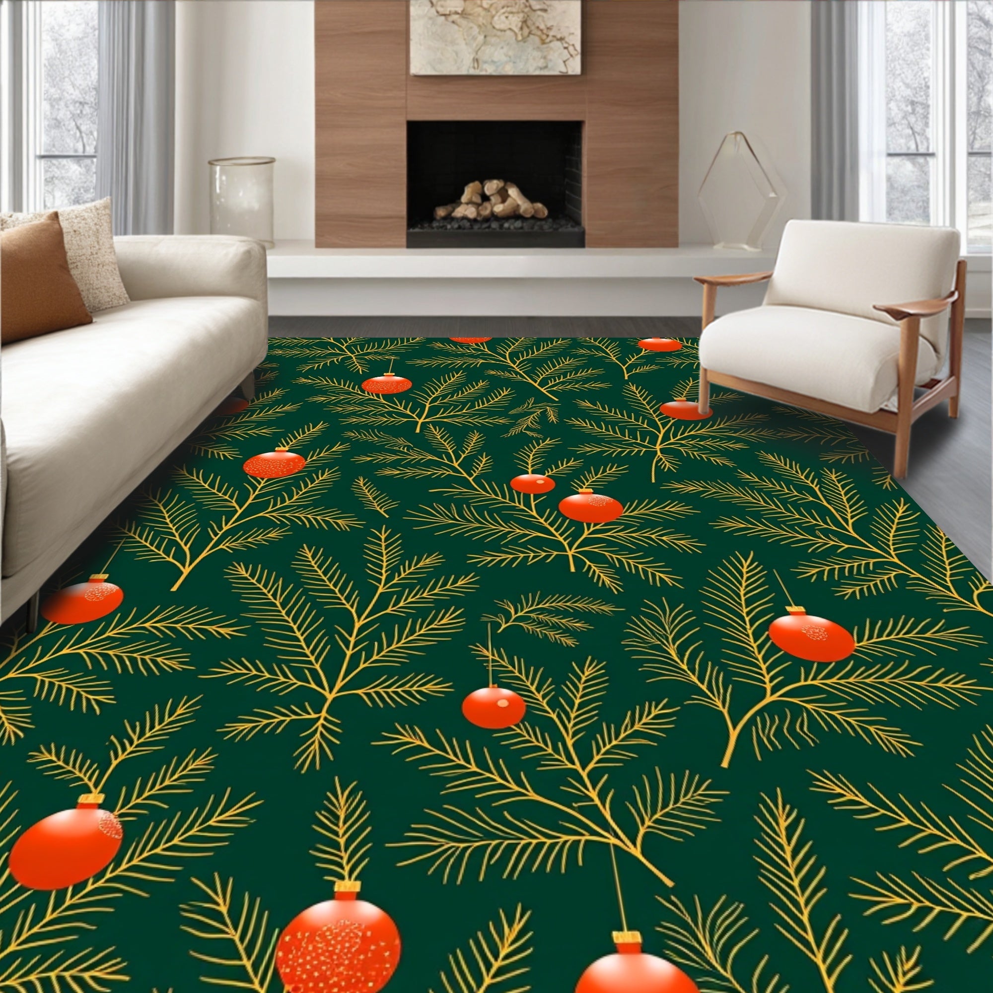 Green Pine Garland Red Ornament Rug