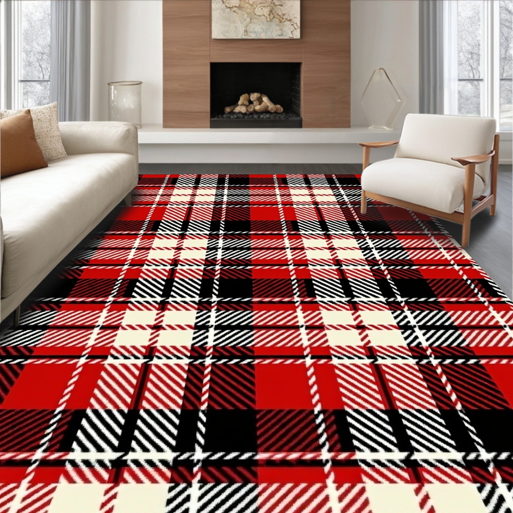 Classic Red Black Ivory Plaid Rug
