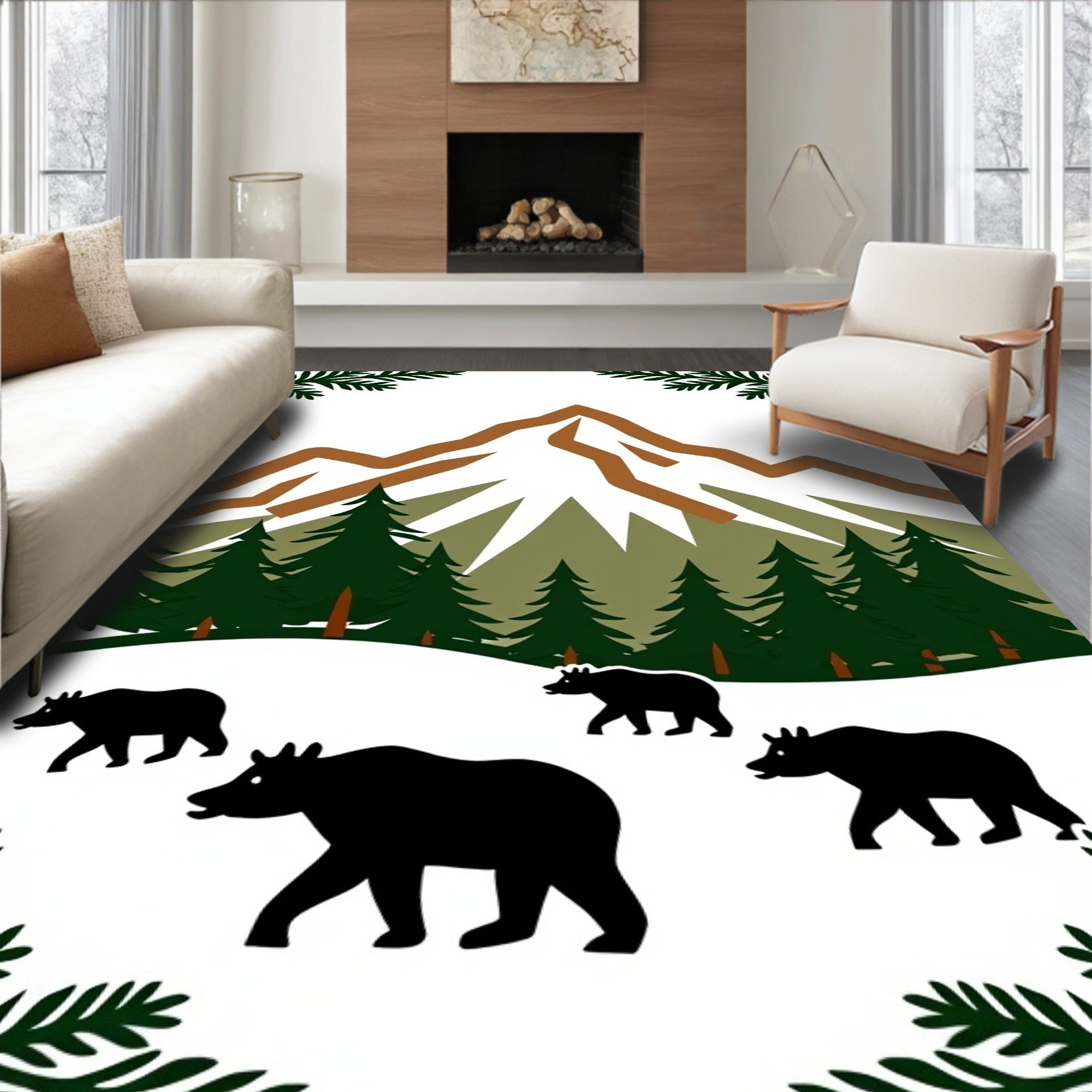 Woodland Mountain Bears Pine Forest Rug