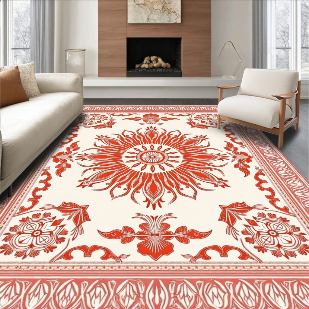 Crimson Sunburst Floral Medallion Rug