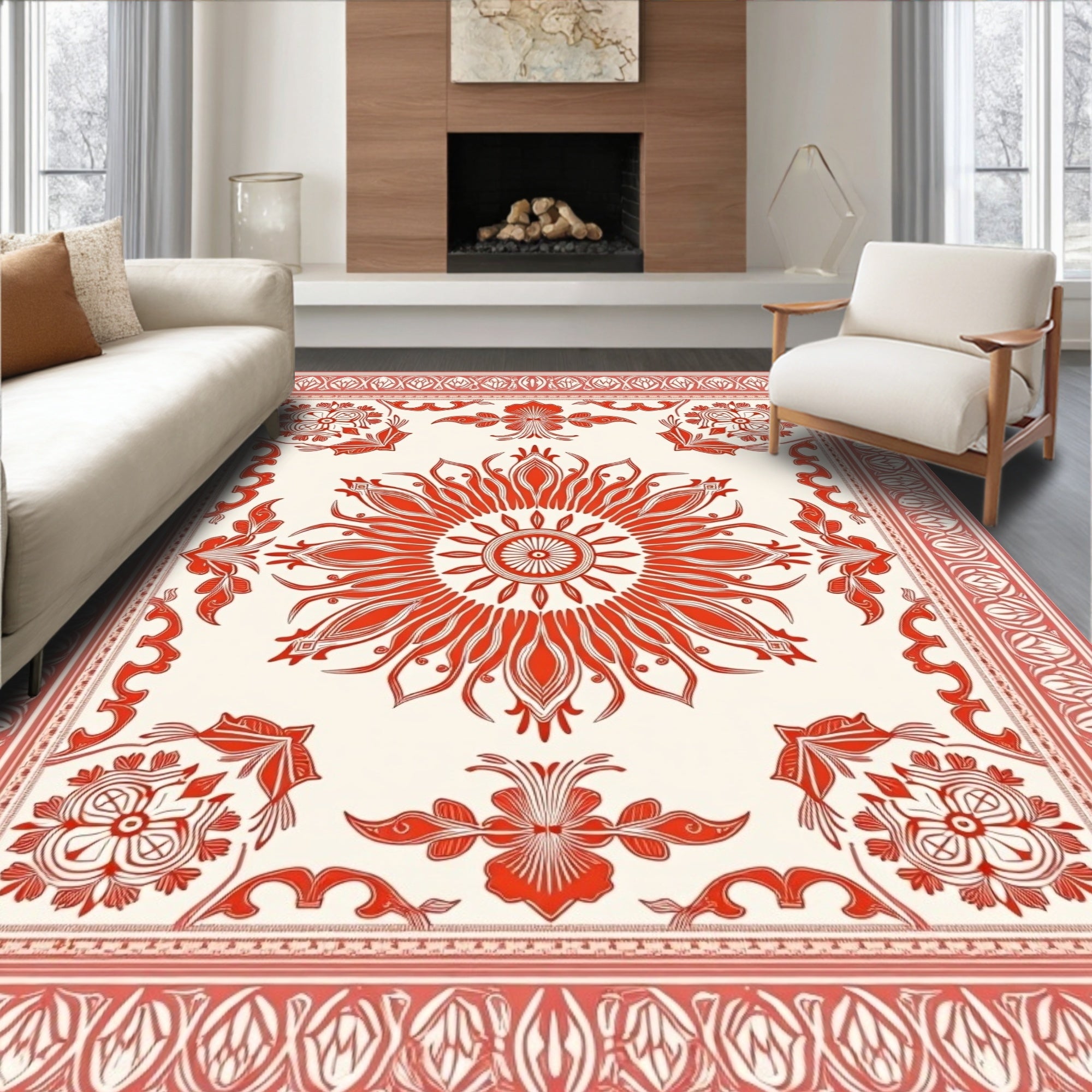 Crimson Sunburst Floral Medallion Rug