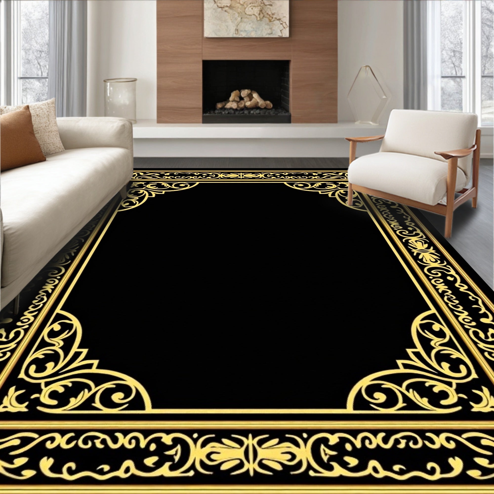 Ornate Gold Black Floral Border Rug