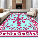Pink Floral Medallion Cyan Border Rug