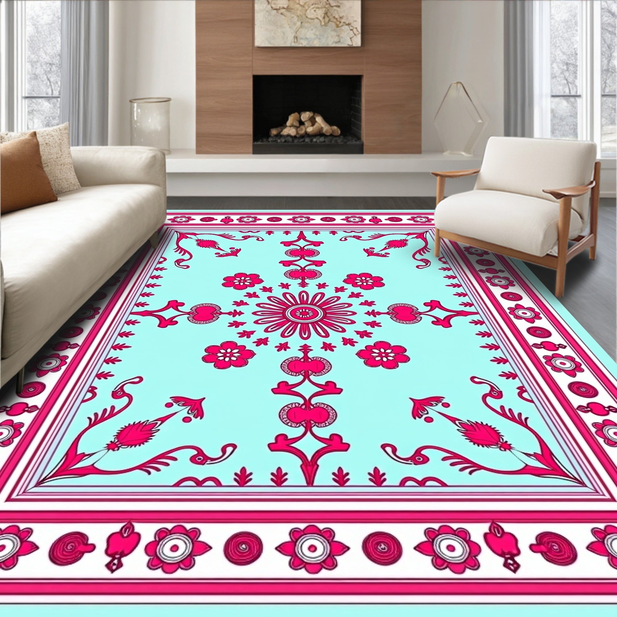 Pink Floral Medallion Cyan Border Rug