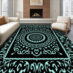 Black Aqua Floral Medallion Border Rug