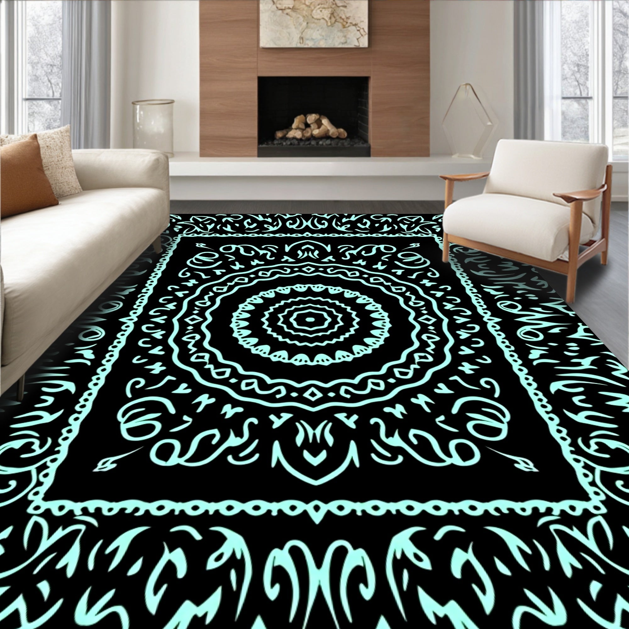 Black Aqua Floral Medallion Border Rug