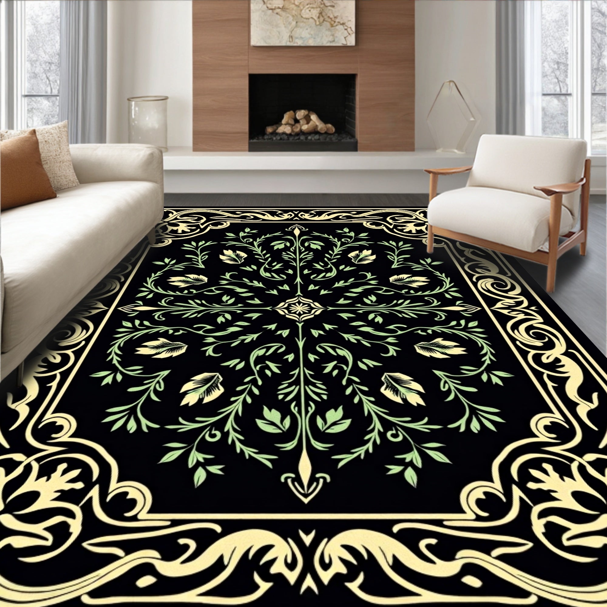 Black Green Floral Scroll Frame Rug