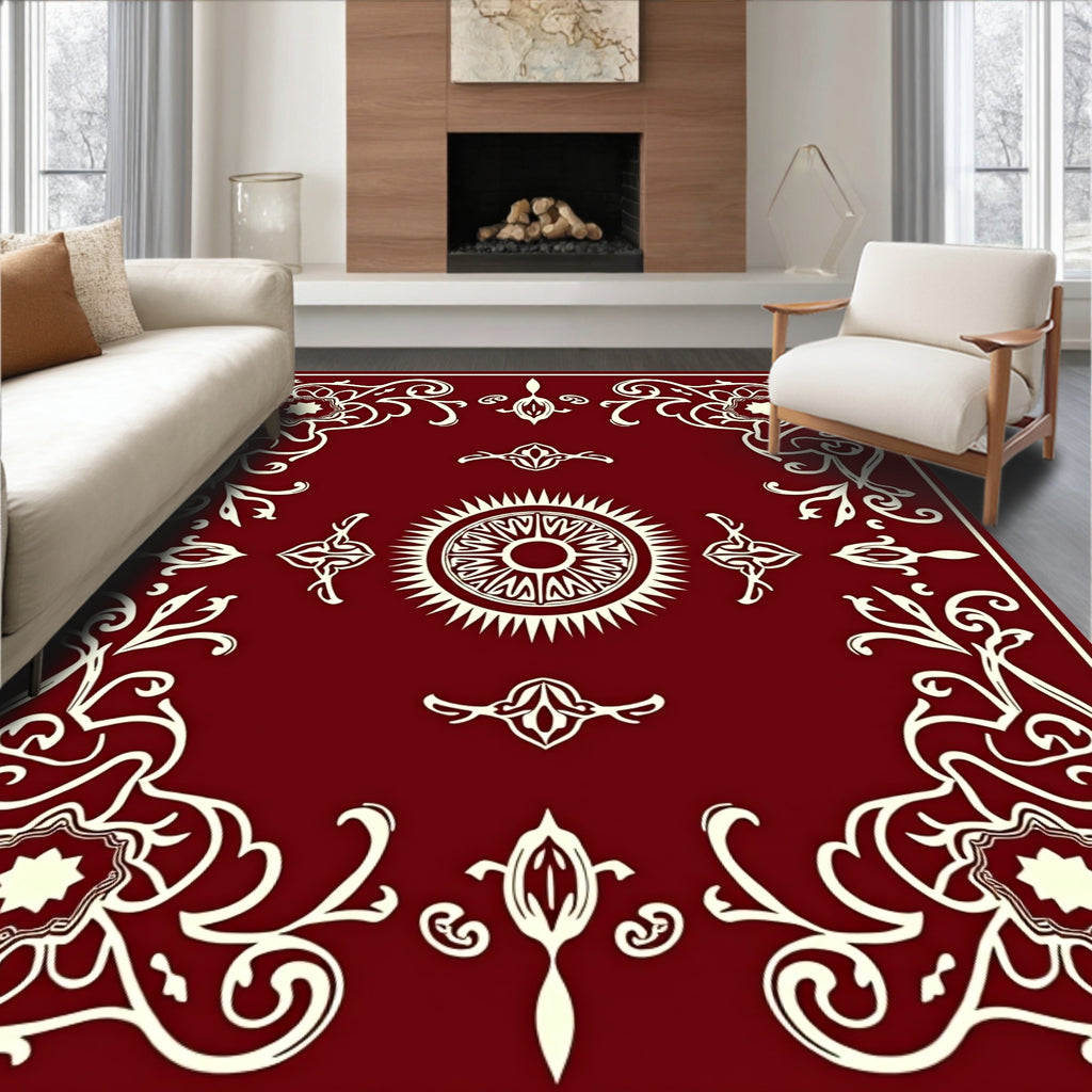 Maroon Floral Medallion Sunburst Center Rug