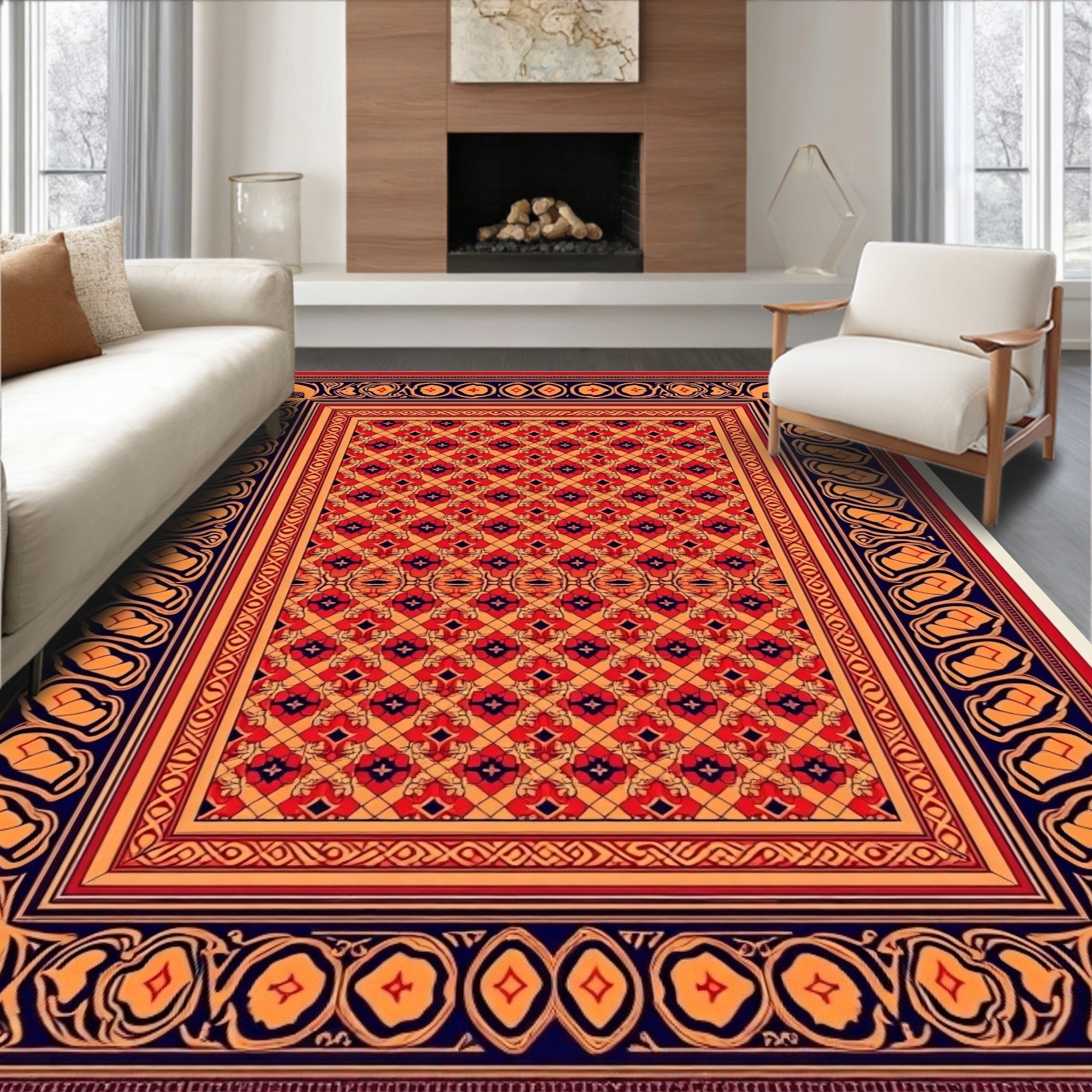 Ornate Red Orange Blue Medallion Rug