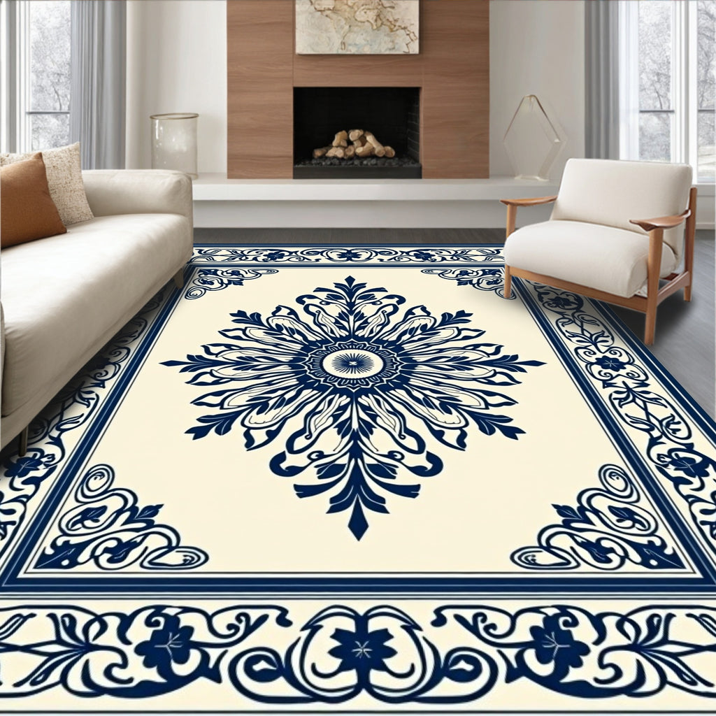 Deep Blue Floral Medallion Border Rug