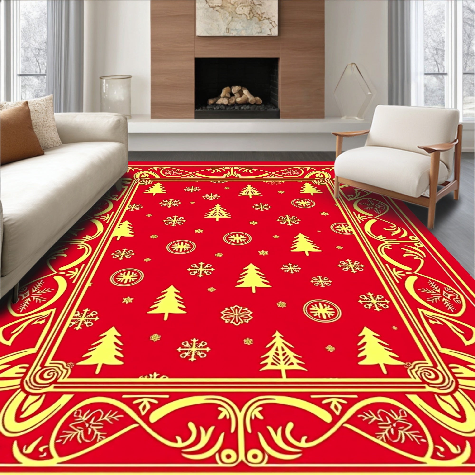 Festive Scarlet Yellow Christmas Trees Rug