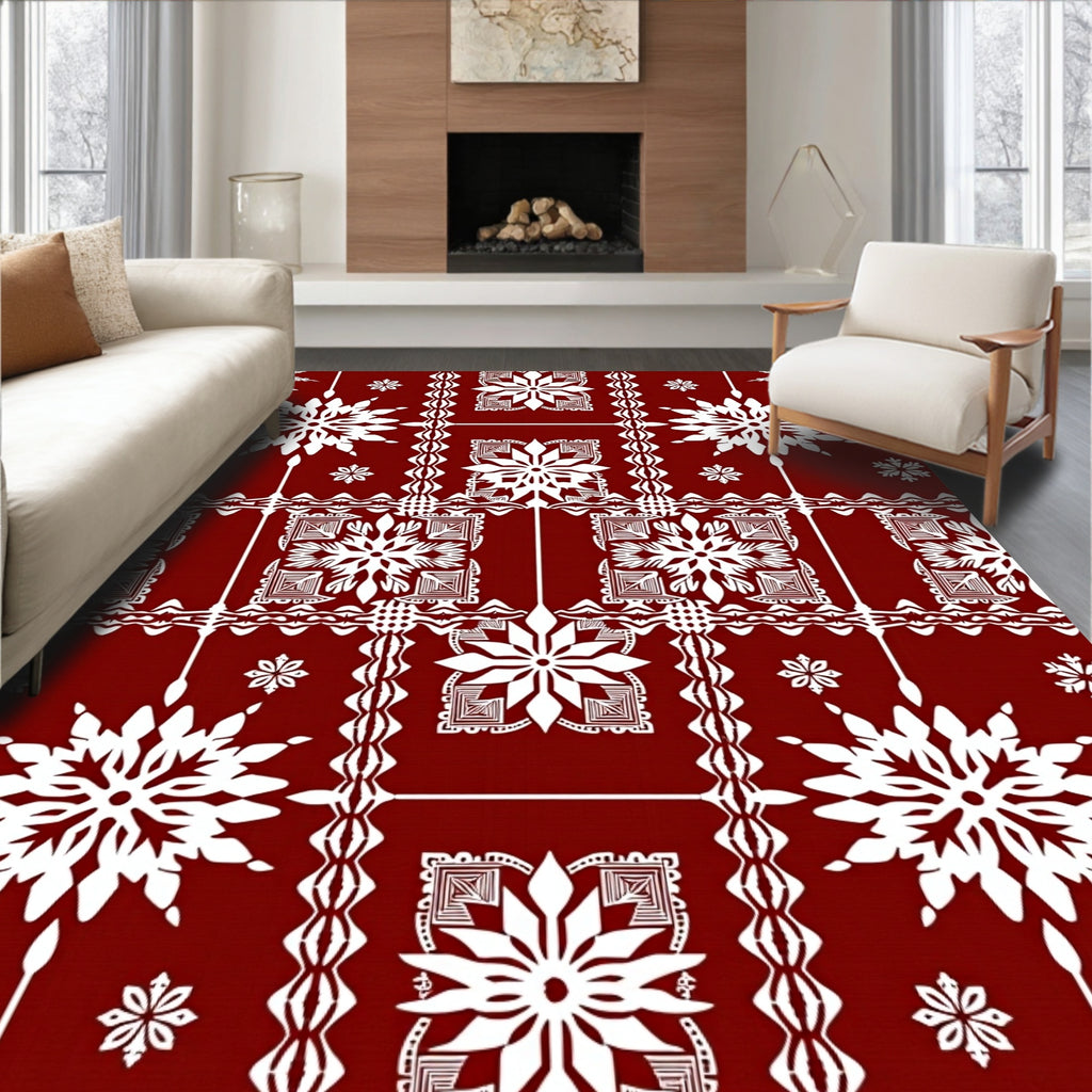 Deep Red Snowflake Floral Lattice Rug