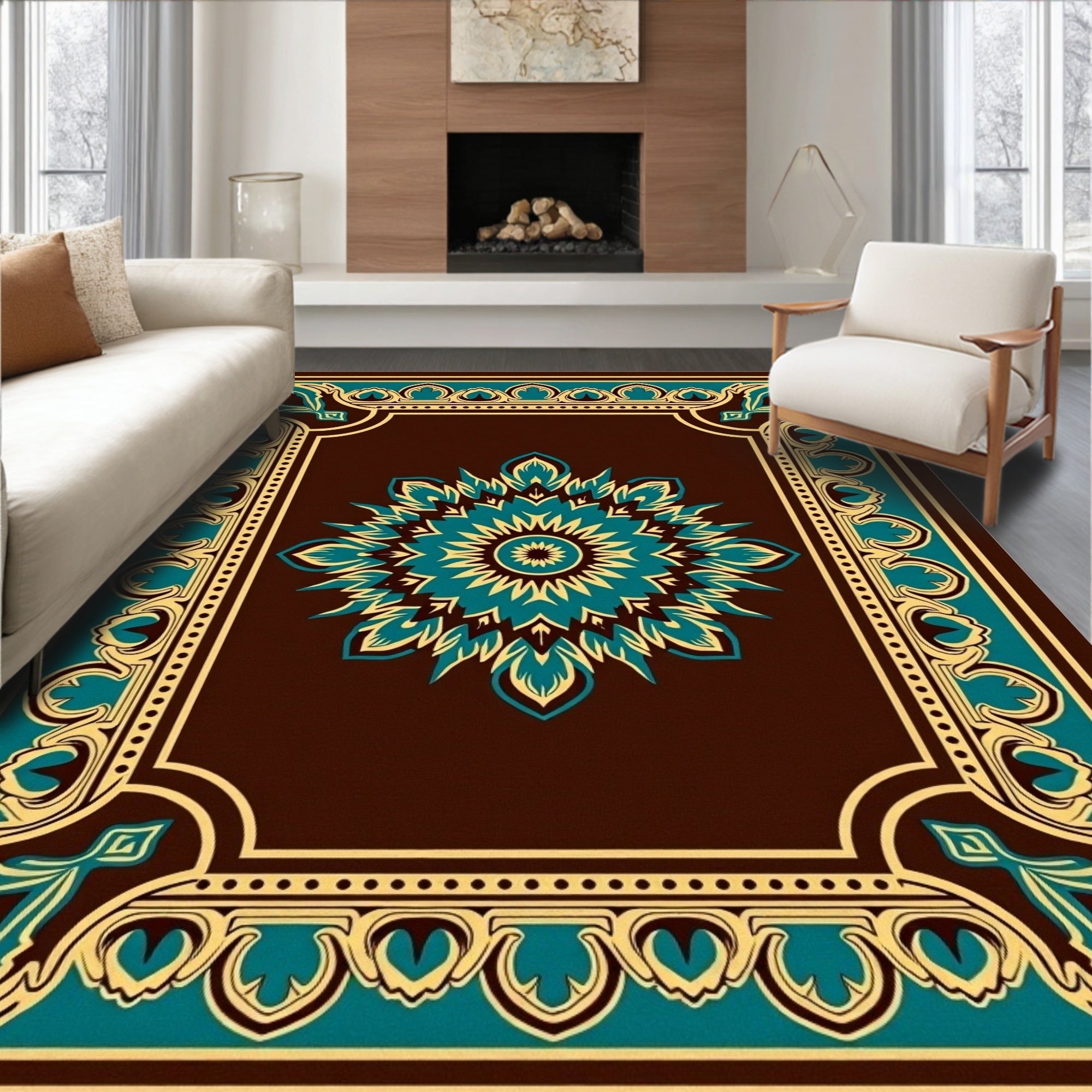 Deep Teal Medallion Bordered Rug