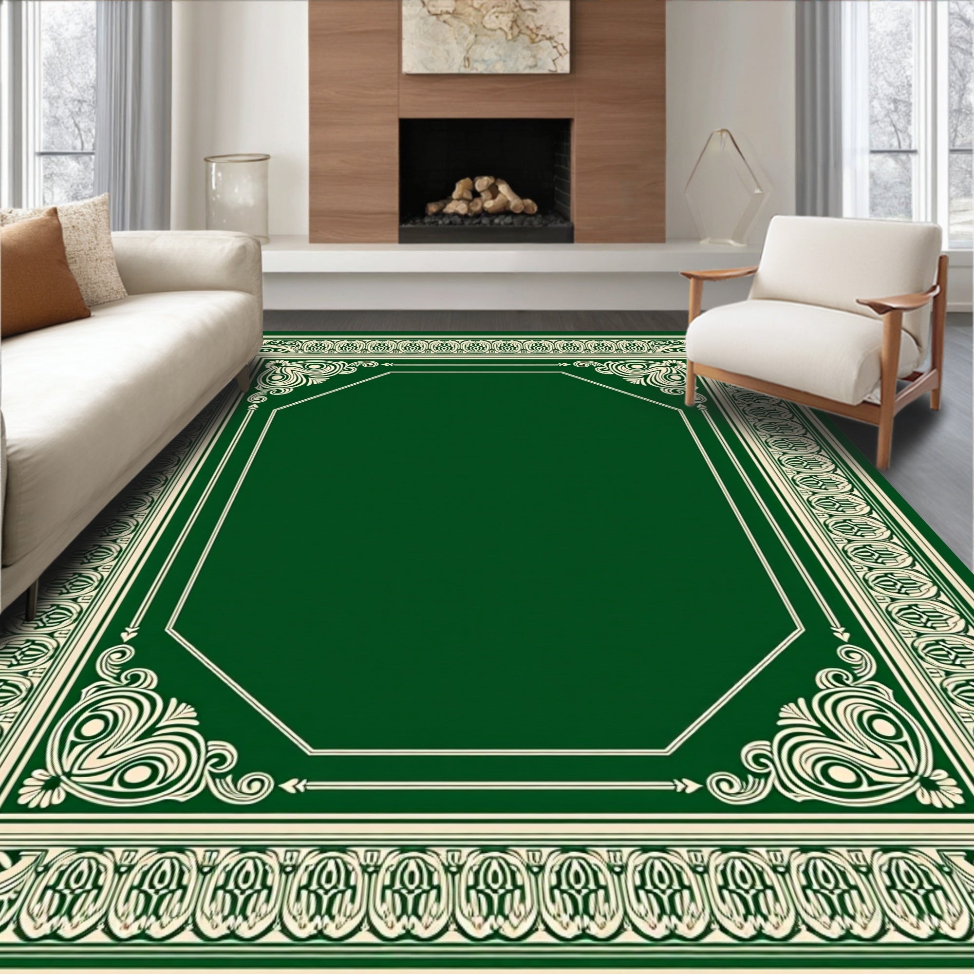 Emerald Ivory Ornate Octagon Border Rug