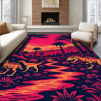 Vibrant Dinosaur Jungle Sunset Landscape Rug