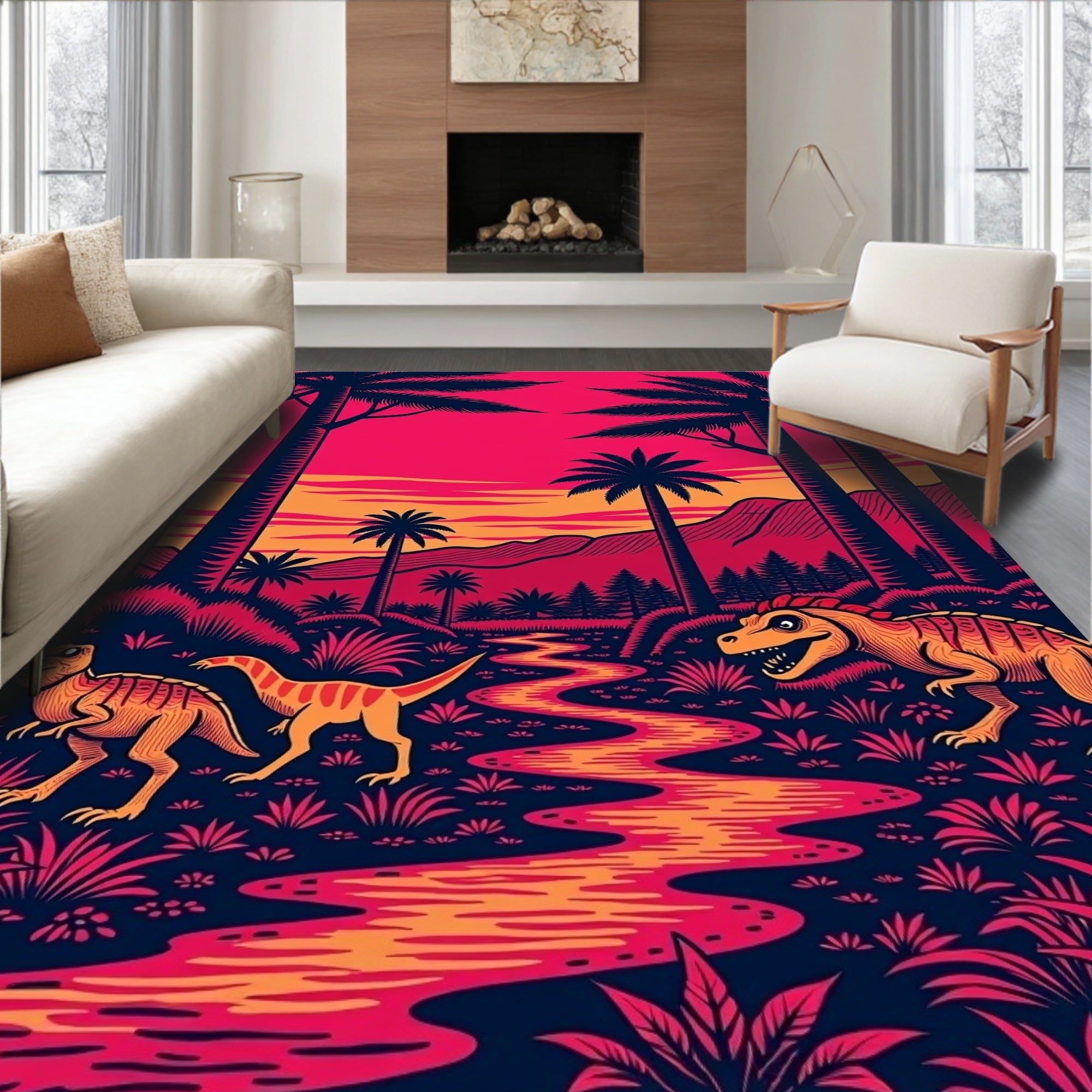 Vibrant Dinosaur Jungle Sunset Landscape Rug
